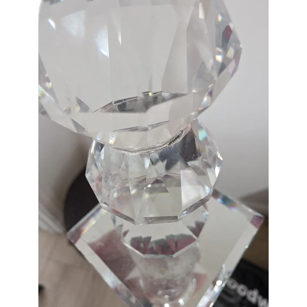 Art Deco CRYSTAL Set of 2  Gemstone Cut PRISM Pillar Candlestick Holder Pair
